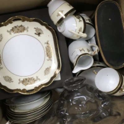 A Collection of ceramics including a Noritake tea set, boxed Mappin & Webb glass dish, a large glass dish, cased Rank ALDIs 10x50 binoculars