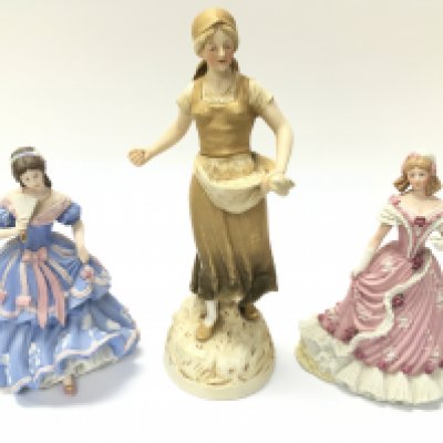 WITHDRAWN - Two Wedgewood figures and a Royal Dux figure. Note damage to fan of one as pictured. Postage D. NO RESERVE
