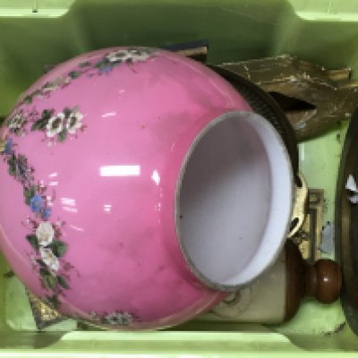 A large glass pink lamp shade with hand painted floral decoration , Indian ware brass dish