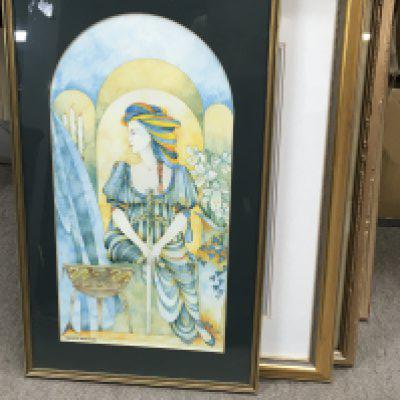 A collection of framed pictures including a sail boat at sea watercolour by R.T Wilding, Sheila Stafford numbered prints