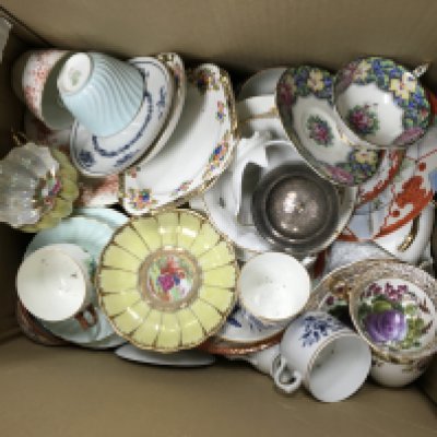 Box of ceramic plates, teacups, bowls and more. Multiple different colours for each piece of equipment.