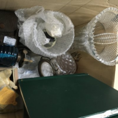 Stamp albums, hardwood elephant figures, Merrythought bear and cut glass vases