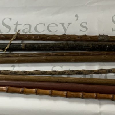 A collection of walking sticks, one including a section of 18K gold, a sword, an umbrella and a fire poker.