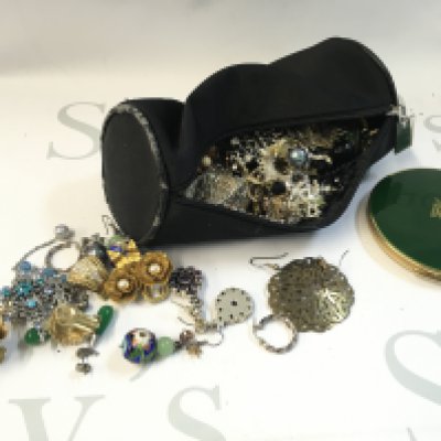 A Collection of earrings including silver and gold examples and a Houses of Parliament Stratton compact, postage category B