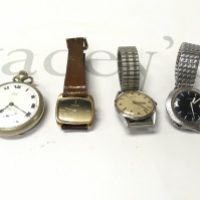 Three wrist watches including a Tissot which runs and a button wind pocket watch which winds and runs. Postage B