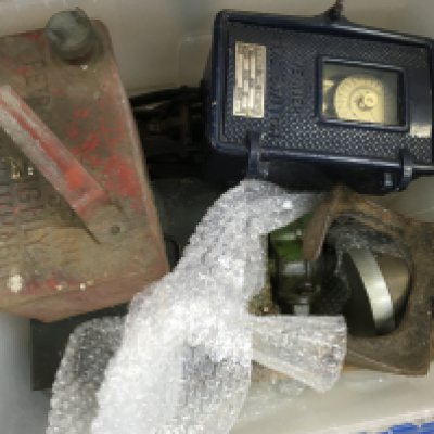 A Collection of interesting vintage tools and devices including a Dunlop Junior car tyre foot pump, Venner time switch etc.