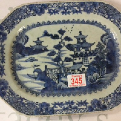 Blue and white Chinese dish depicting temples.