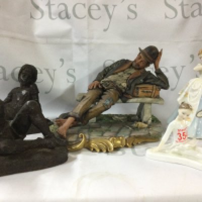 A collection of bronze sculptures, a large Capodimonte figurine and 2 Royal Daulton lady figurines, Laura and Stage Struck