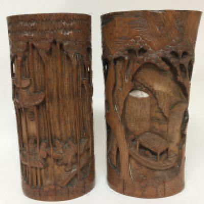 Two Chinese carved bamboo vases with figures and three dimensional carved bamboo Height 25cm. NO RESERVE