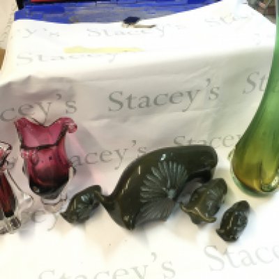 Lotus pottery bull figures and Coloured art glass vases. Vases ranging from 22 to 50cm tall.