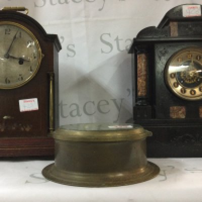 3 antique clocks, slate and marble mantle clock, brass ships clock and an oak mantle clocks with German movement key and pendulum