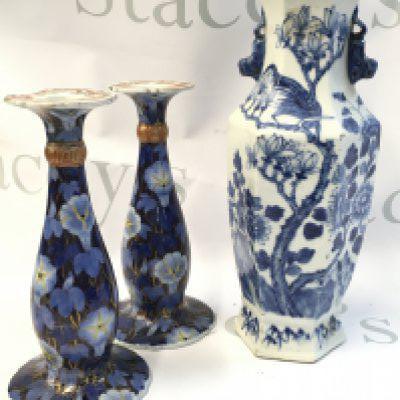 A 19th century Chinese vase decorated with birds flowers and foliage 25 cm No visible damage or restoration slight firing faults . A pair of Japanese porcelain candelabras