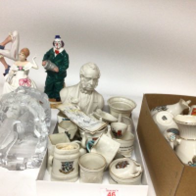 A collection of Goss and other crested ware Two Royal Doulton clown figures Scandinavian glass sculptures signed bases and one other Royal Doulton figure no reserve packing service available.