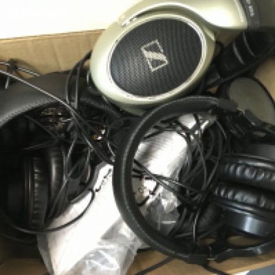 A collection of headphones including Hadley HH-500B, Sennheiser HD 595, Sennheiser HD 201