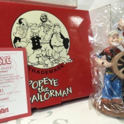 A large collection of antique plates and the Popeye and Olive The Sailorman limited edition of 750 75th anniversary edition (number 0281). Made of ceramic. Also, a collection of porcelain figurines including a washerman toad, Christopher Robin, Foxy Reading, Mr Jeremy Fisher, Loch Ness and more. There is also a Snoopy Tell-time clock.
