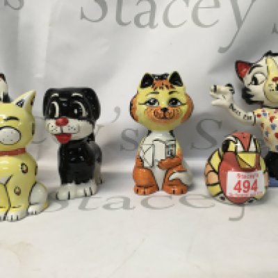 A collection of 6 rare Lorna Bailey figurines, including Bullseye the Darts cat, a wise monkey cat, Leo the Cat, Bengo Dog, Happy Mother&rsquo;s Day cat and a Robin Cruet.