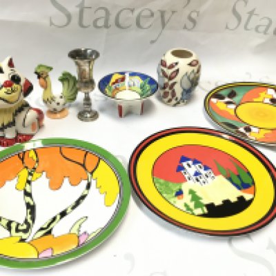 A collection of Lorna Bailey ceramic figures, Wedgwood Clarice Cliff big Anne and Flamboyance plates,