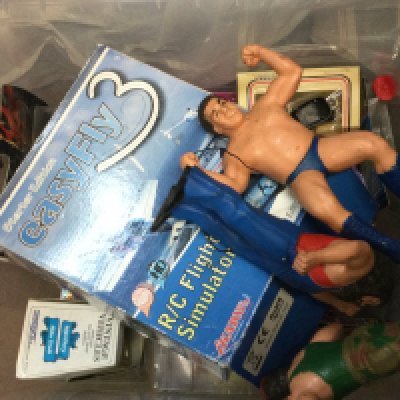A collection of toys including vintage WFF Titan sport figures, boxed R/C flight simulator controller