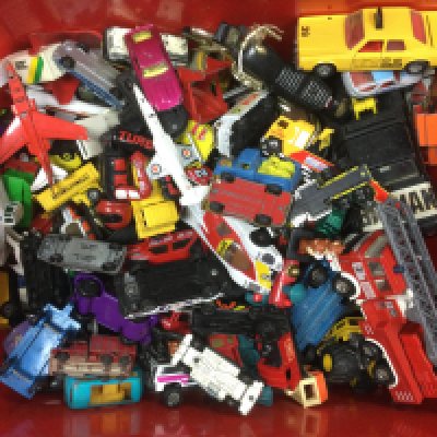 Two boxes of die cast vehicles, both boxed and loose playworn examples.