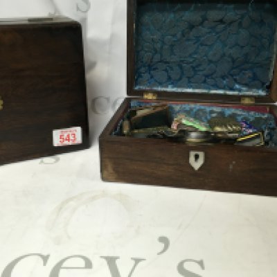 2 unusual rosewood writing tops and brass bound boxes. Approximately 24cm wide and 18cm deep. Postage B. One box is empty but the other box contains a collection of matchbox holders and more.