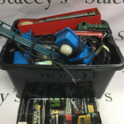 A box of OO gauge model railway items comprising locos, track etc.