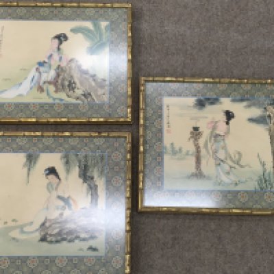 Three framed Japanese silk painting. Postage D NO RESERVE