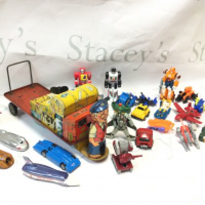 Hasbro Takara 80s/90s transformers toys , a tin plate baggage porter, Lledo cars