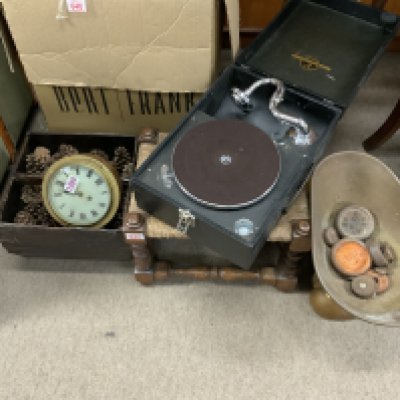 a small collection to include, Columbia portable gramophone, Avery scales, oak stool, Chinese basket, brass wall clock.