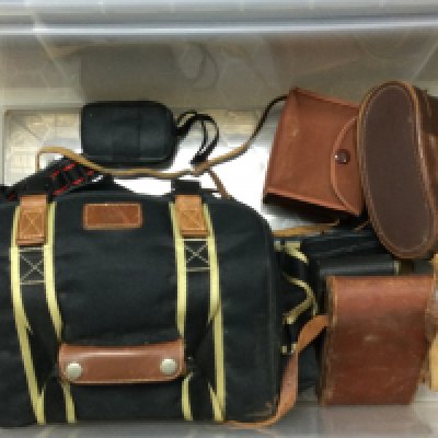 A collection of vintage cameras including Pentax ME Super, Auto 10, box cameras Autographic Brownie, Brownie six 20 model c, Compur, and equipment. Ross London 9x35 solaross binoculars