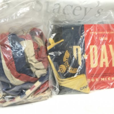 Civil Defence armbands, George Hicks D Day coloured vinyl record, Union Jack flag, WW2 RAF flag