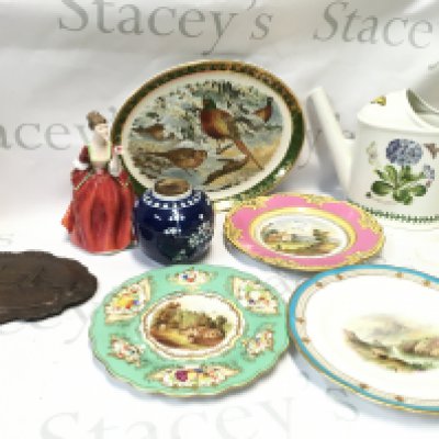 A Collection of ceramics including a Royal Doulton Flower of Love figure, Chinese blue and white cherry blossom ginger jar, Weatherly royal falcon dish, hand painted plates, Portmeirion Botanic Garden watering jug, tower bridge London plaque
