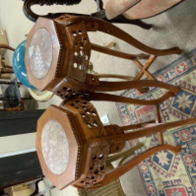 2 Chinese carved Elm and marble inlaid plant stand, 92cm.