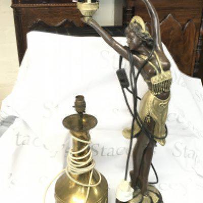 Two vintage lamps including an imitation bronze woman lamp (72cm tall) and a brass lamp made in Tiel, Holland