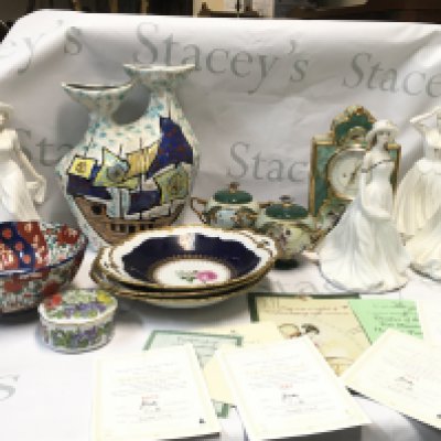 A Collection of ceramics including Royal Doulton John Bromley seasonal figures , Imari ware bowl, Echt Kobalt dishes, Pao Chai porcelain clock