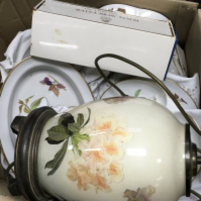 A Collection of Royal Worcester Evesham dishes , a porcelain floral lamp,