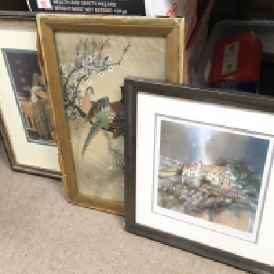 Collection of artwork including a Framed signed and numbered print by Gillian McDonald , Stone Farm 1. Framed Chinese silk peacock on cherry blossom tree painting, framed print Music Lesson by Lord Frederic Leighton