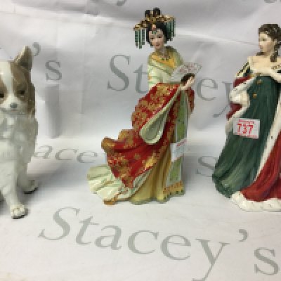 A collection of figures including a Nao dog figurine, the Danbury Mint Jade Empress figure by Lena Liu and a Vintage Royal Doulton , Limited Edition, Queens Of The Realm , figurine named Queen ANNE.