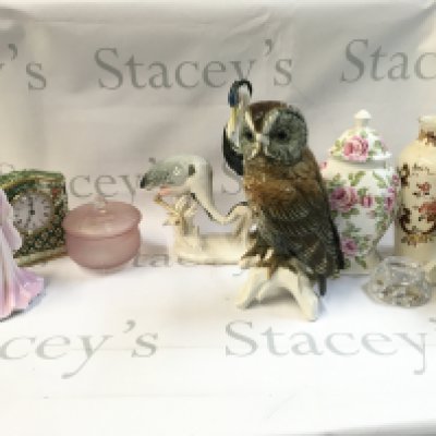 A box of ceramics including Royal Worcester Grace figure, Queens China and Masons vase,