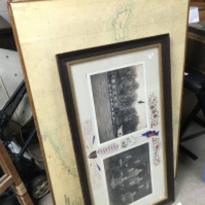 A framed Edwardian Rowing association B/W photograph group and a folding table map of the Mediterranean Sea , EAST COAST OF SPAIN FROM CABO DE LA NAO TO BARCELONA WITH THE BALEARIC ISLANDS
