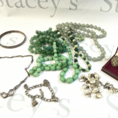 A Collection of jewellery including silver simulated pearl earrings, silver charm bracelet, silver small necklace, silver bangle and a collection of beaded necklaces