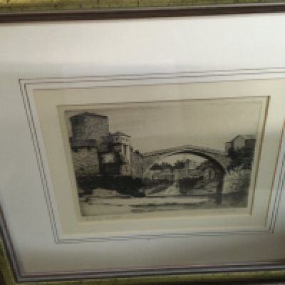 A collection of framed pictures including an etching by N. Chadwick titled The Bridge at Mostar, a printed etching by James Dobie titled the Evening man, a watercolour by C.H Bagnol of a nature view and other pictures.