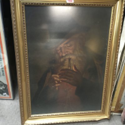 A portrait of Old Bearded Man Smoking, a Large Framed Vintage Reproduction of Famous Georg Hom Painting.
