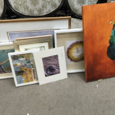A Collection of framed artwork including prints Wembley venue of legends by Emma Alcock (signed), peacock oil on canvas etc.