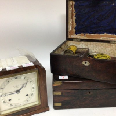 A walnut mantel clock the silvered dial Garrard &Co a rosewood work box and one other rosewood box containing vintage shoe polish tins no reserve.