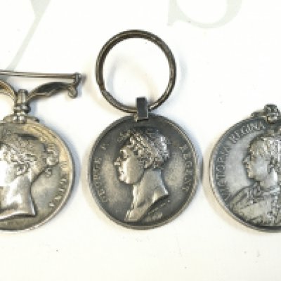 Retrospective Copies of British War Medals including the Queens Mediterranean medal presented to 3854 Pte.G.W.Winds North D Fus, Waterloo medal, Victorian India 1857-1858 medal