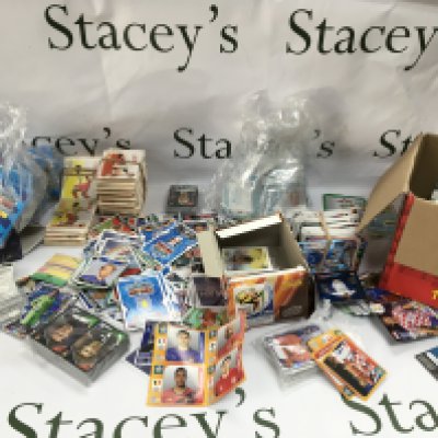 A large collection of assorted football stickers including match attax and panini. No reserve