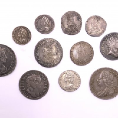 Great Britain. Early milled coin group. 1674 Charles II sixpence GVF, George II sixpence VG, Maundy 4p William & Mary 1689 GVLEELMVS VGF, Maundy 3p George III 1762, Charles I (1625-1649) Silver Threepence York Mint GVF, Charles II (1660-1685)Silver Maundy Twopence, George II Maundy Two pence 1735, 2 George II (1739/1760) Maundy 1 Pennys. (2 Charles 1st coins).