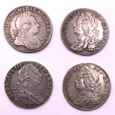 Great Britain, Shillings, George I 1723 SSC in angles on rev, George II, George II 1745 Lima, George III 1787.