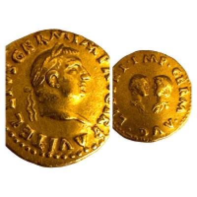 VITELLIUS AND HIS CHILDREN, Gold Aurus. Emperor AD.69. 7.2g, 17mm. Obverse: A VITELLIVS GERM IMP AVG TR P Laureate head right. Reverse: LIBERI IMP GERM AVG Busts of the two children of Vitellius, bare, facing one another, the son on the left, the daughter on the right. Sears Ref. 2232.Extremely fine condition.
