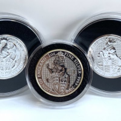 Queens Beasts Fine silver 2 ounce coins. 2016 Lion Of England, 2017 Red Dragon of Wales, 2018 Black bull of Clarence. (3)